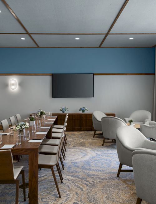 A modern conference room with a long table, chairs, lounge seating, a decorative rug, a flatscreen TV, and blue and white walls, well-lit.