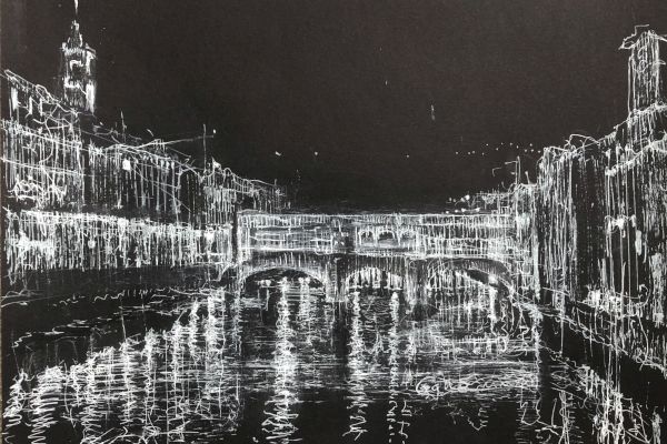 A high-contrast image depicts a canal in a city at night, with buildings and a bridge outlined in bright white lines reflecting on the water.