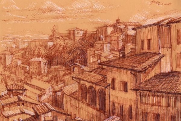 The image depicts a sepia-toned sketch of a cityscape with various buildings, rooftops, and a hilly background, rendered in a detailed, textured style.