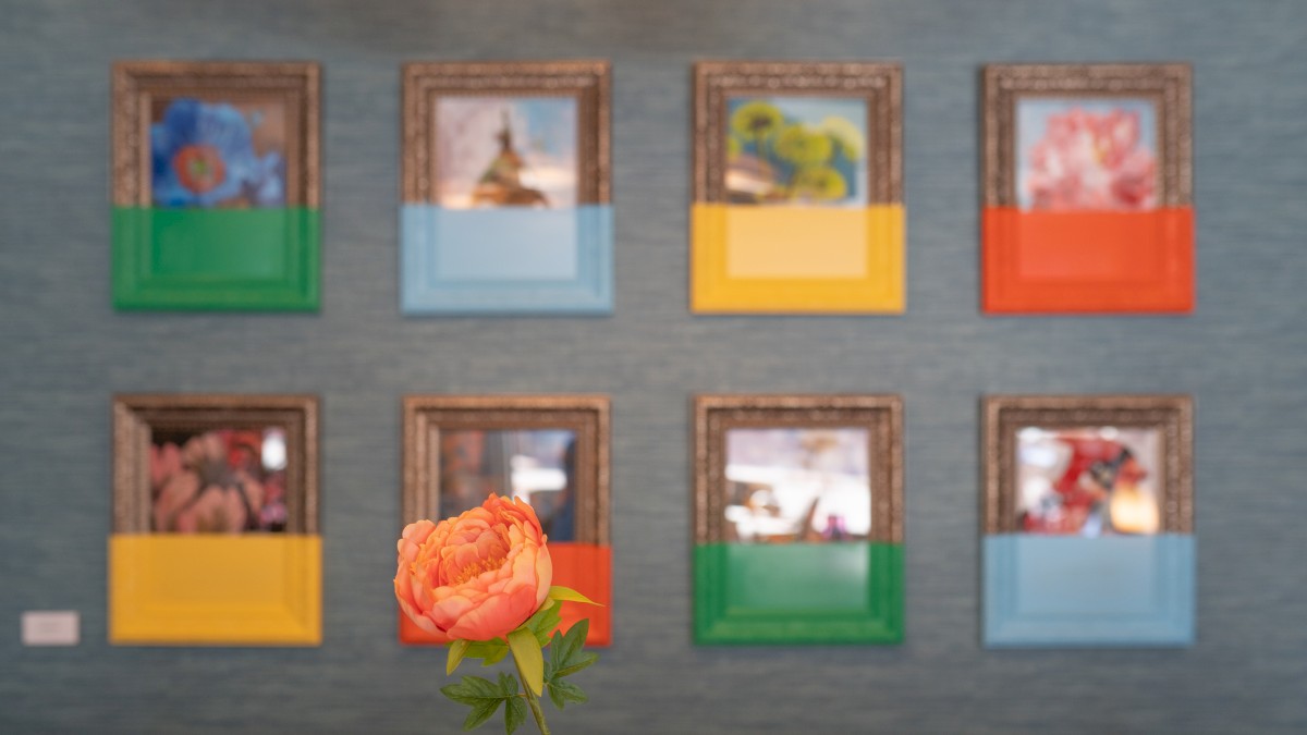 A vibrant orange flower in focus against a backdrop of abstract framed artwork in various colors, under warm ceiling lights.