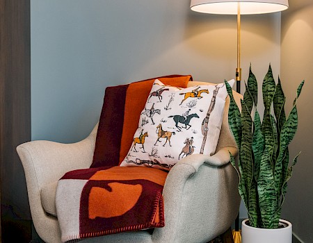 A cozy chair with a horse-patterned pillow and orange blanket sits beside a tall lamp and a plant on a blue carpeted floor.