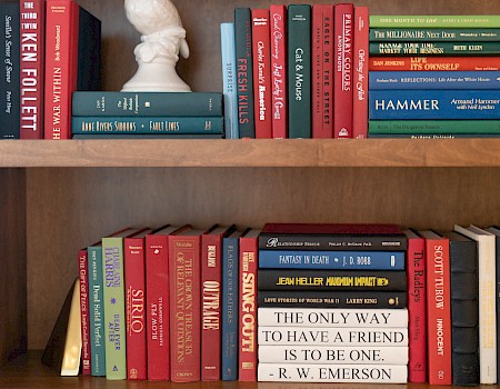 A wooden shelf filled with various books and a small white bust.