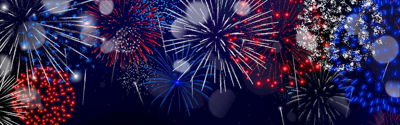 The image shows a night sky filled with colorful fireworks of red, blue, and white, creating a festive and celebratory atmosphere.